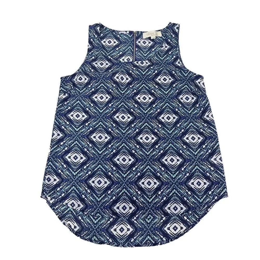 Olive & Oak Womens Blue Diamond Print Sleeveless Blouse Top Size Small